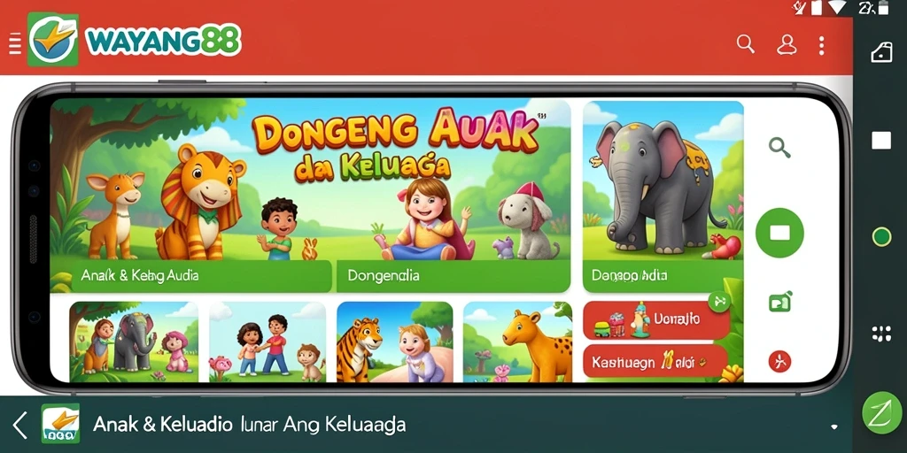 Antarmuka menarik aplikasi WAYANG88 untuk mendengarkan Dongeng Audio.